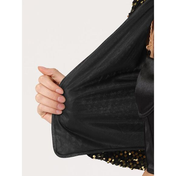 Sequin Shrug Open Front Collarless Party Glitter Sparkly Crop Jacket Black Gold - Picture 5 of 5